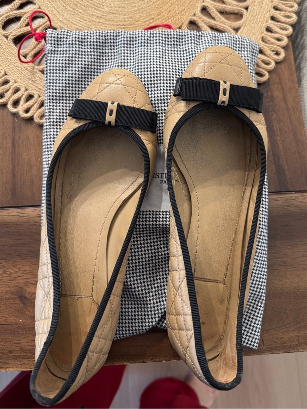 Dior Quilted Beige Ballet Flats with Black Trim and Bow Accent